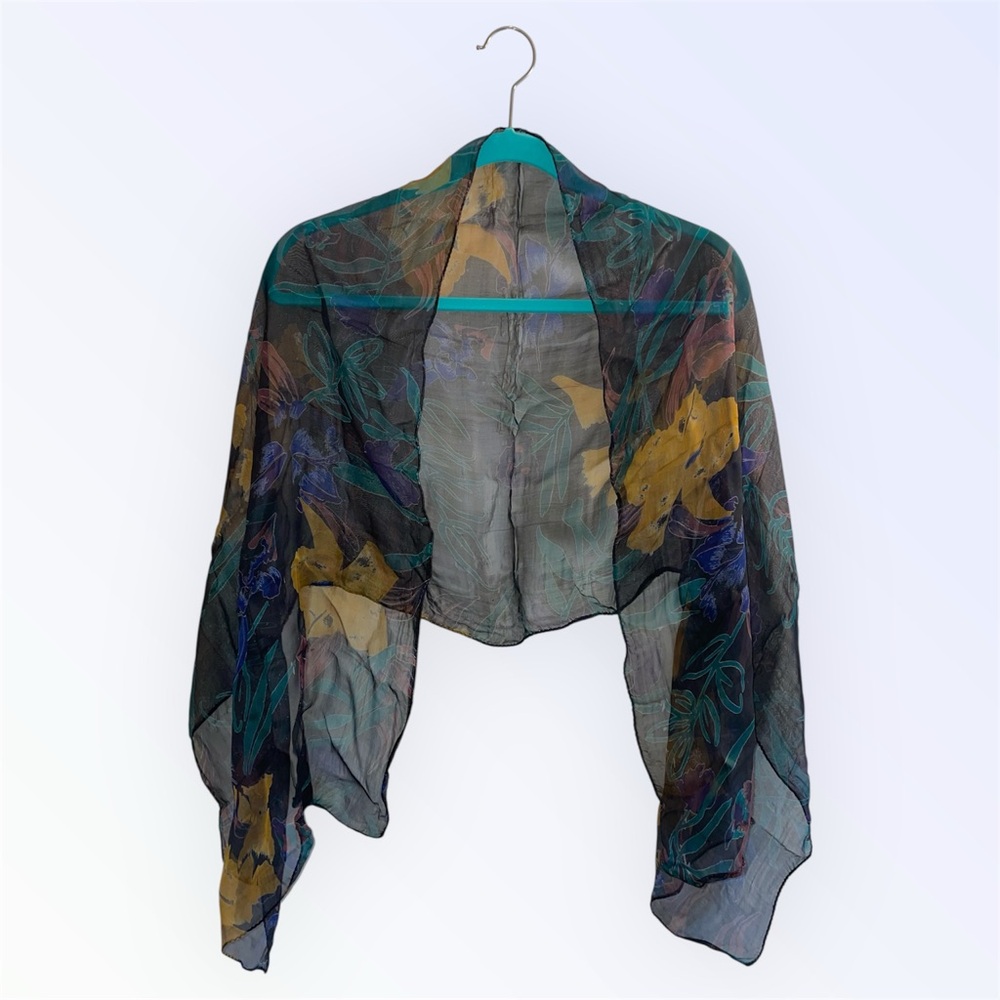 Handmade Black Teal and Gold Dark Floral Sheer Scarf